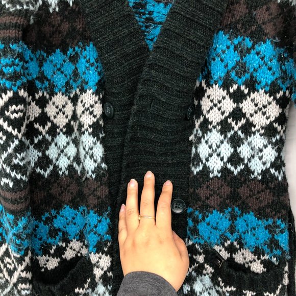 Peak Performance Blue Grey Multicolor Argyle Sweater Cardigan waist tie size M - Picture 14 of 16